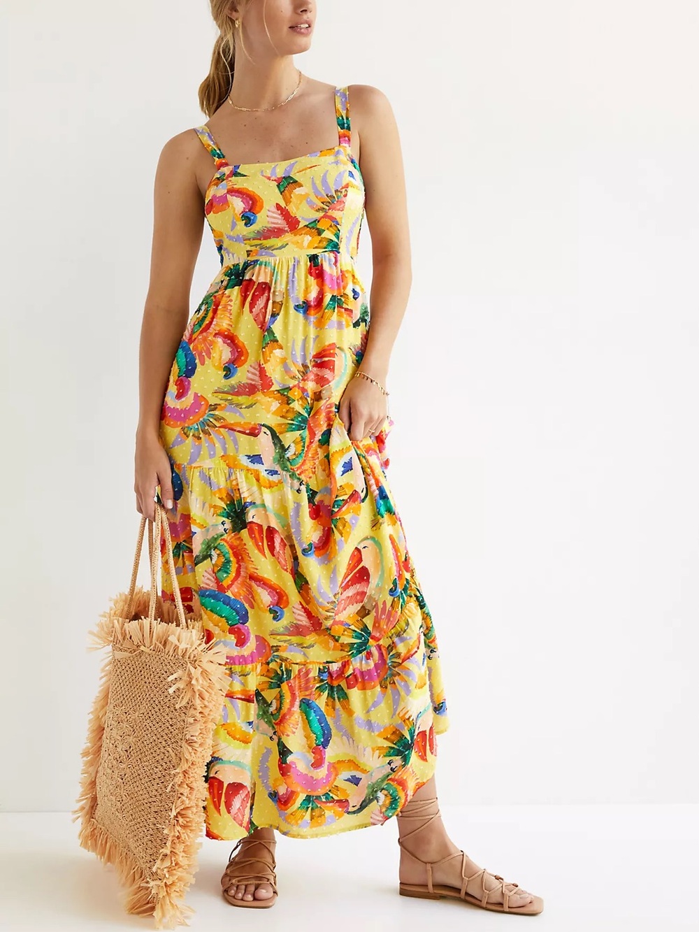 Anthropologie Farm Rio Textured Tropical Maxi Dress Yellow Small